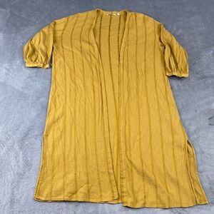 Uniqlo Kimono Womens L Mustard Yellow Dobby Embroidered Open Front 3/4 Cardigan
